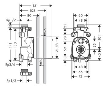 AXOR SHOWER SOLUTIONS podomítkové těleso DN15 10650180 Technický nákres