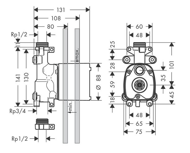 AXOR SHOWER SOLUTIONS podomítkové těleso DN15 10650180 Technický nákres