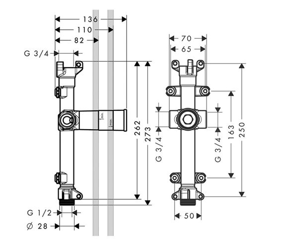 AXOR SHOWER SOLUTIONS podomítkové těleso DN20 10941180 Technický nákres