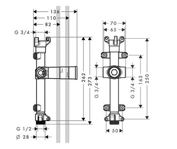 AXOR SHOWER SOLUTIONS podomítkové těleso DN20 10941180 Technický nákres