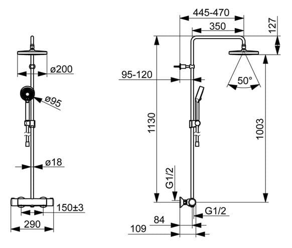HANSA MICRA sprchový set s termostatickou baterií, horní sprcha, ruční sprcha se 3 proudy, tyč, hadice, matná černá 4435013033 Technický nákres