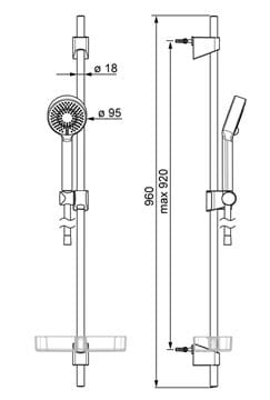 HANSA BASICJET sprchová souprava 4-dílná, ruční sprcha pr. 95 mm, 3 proudy, tyč, hadice, mýdlenka, Eco, matná černá 4467013333 Technický nákres