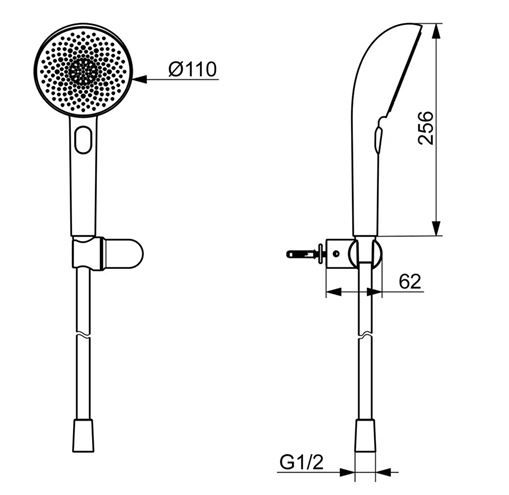 HANSA AURELIA sprchová souprava 3-dílná, ruční sprcha pr. 110 mm, 3 proudy, hadice, držák, matná černá 4717012033 Technický nákres