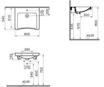 CONCEPT 100 bezbariérové umyvadlo 60 cm, bez otvoru pro baterii, bez přepadu 5289B003-0016 Technický nákres
