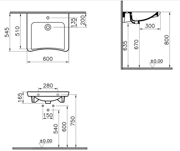 CONCEPT 100 bezbariérové umyvadlo 60 cm, s otvorem pro baterii, bez přepadu 5289B003-0041 Technický nákres
