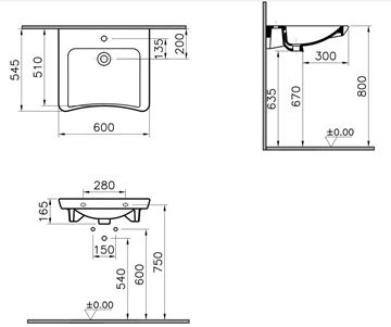 CONCEPT 100 bezbariérové umyvadlo 60 cm, s otvorem pro baterii, bez přepadu 5289B003-0041 Technický nákres
