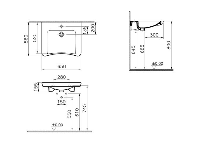 CONCEPT 100 bezbariérové umyvadlo 65 cm, bez otvoru pro baterii, bez přepadu 5291B003-0016 Technický nákres
