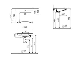 CONCEPT 100 bezbariérové umyvadlo 65 cm, s otvorem pro baterii, bez přepadu 5291B003-0041 Technický nákres