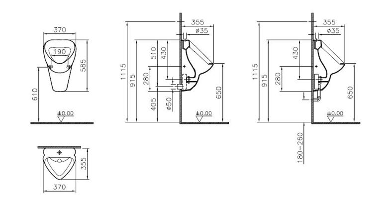 CONCEPT 100 NORMUS pisoár, horní přívod vody, alpská bílá 6563N003-1656 Technický nákres