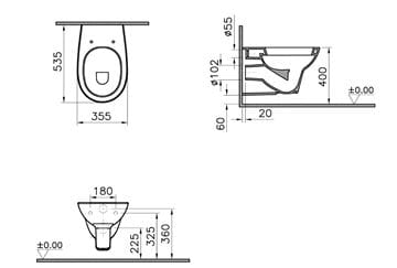 CONCEPT 100 závěsné WC, ploché splachování, alpská bílá 7271L003-1428 Technický nákres