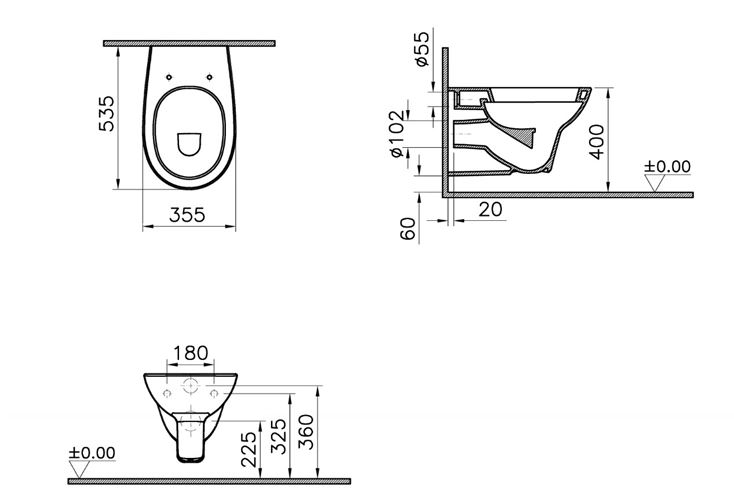 CONCEPT 100 závěsné WC, ploché splachování, alpská bílá 7271L003-1428 Technický nákres