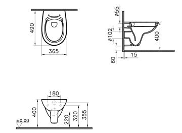 CONCEPT 100 závěsné WC, Rimless splachování, alpská bílá 7274L003-1428 Technický nákres