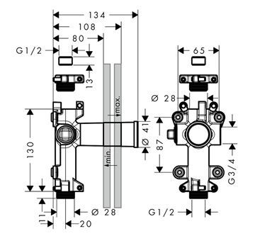 AXOR ONE podomítkové těleso DN15 45770180 Technický nákres