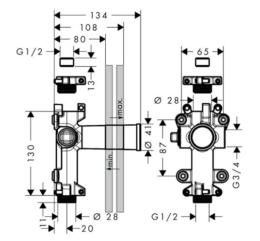 AXOR ONE podomítkové těleso DN15 45770180 Technický nákres