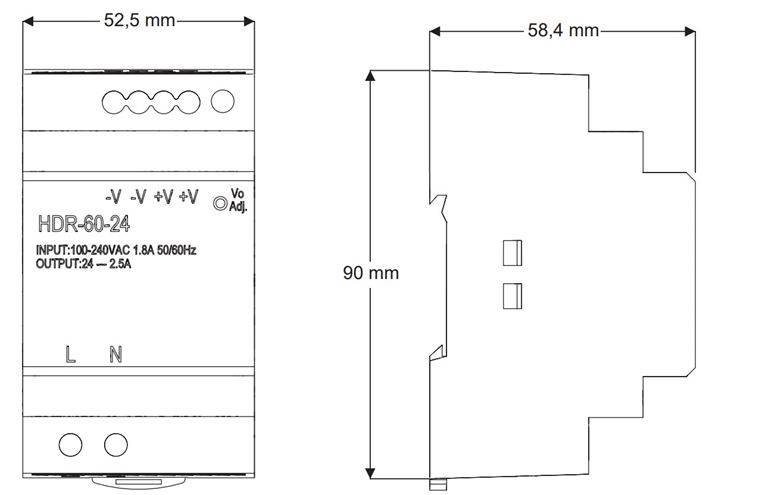 SANELA napájecí zdroj 230/24 V, na lištu, pro max. 9 zařízení  SLZ 04Z Technický nákres