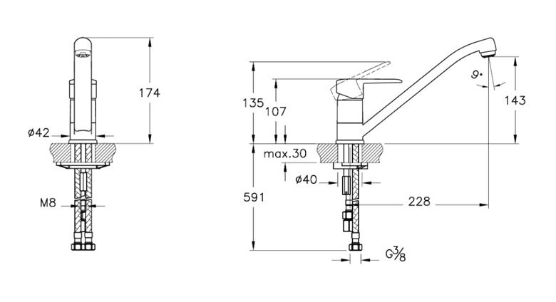 CONCEPT E50 III dřezová baterie, chrom A43431EXP Technický nákres