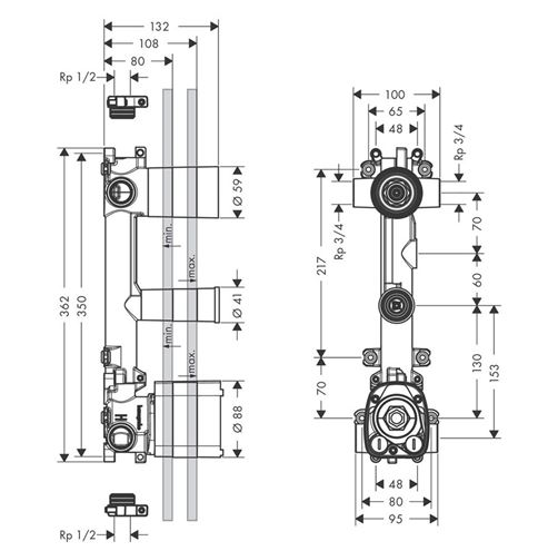 AXOR CITTERIO E podomítkové těleso DN20 36701180 Technický nákres