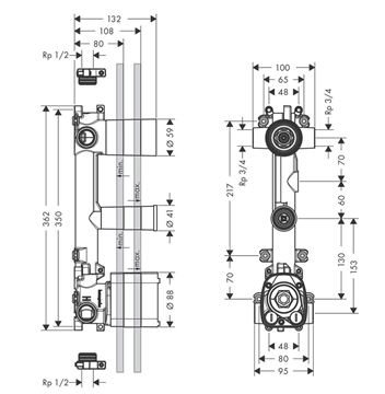 AXOR CITTERIO E podomítkové těleso DN20 36701180 Technický nákres