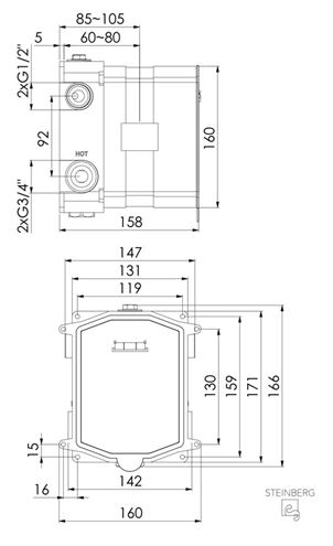 STEINBERG podomítkové těleso G 3/4 039 4100 Technický nákres