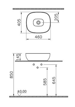 VITRA OUTLINE umyvadlová mísa 46 cm, bez přepadu, broušená, VitrAhygiene, matná černá 5994B483-0016 Technický nákres