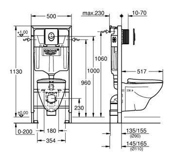 GROHE SOLIDO PERFECT závěsné WC Bau Ceramic  s montážním prvkem Solido Perfect, SoftClose sedátko, chromové tlačítko 39192000 Technický nákres