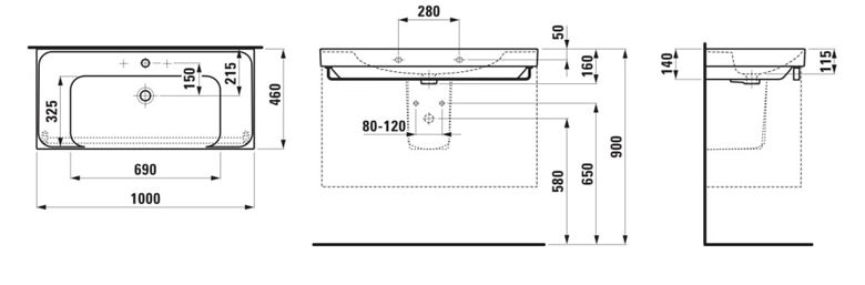 LAUFEN MEDA umyvadlo 100 cm, s otvorem pro baterii a přepadem H8101190001041 Technický nákres