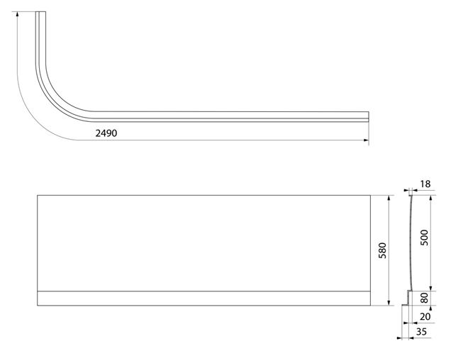 POLYSAN VIVA R čelní panel k vaně 185x58 cm,  pravý  72149 Technický nákres