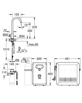 GROHE BLUE PROFESSIONAL dřezové elektronická baterie, s filtračním a chladícím zařízením, Bluetooth, napájení ze sítě, supersteel 31302DC2 Technický nákres