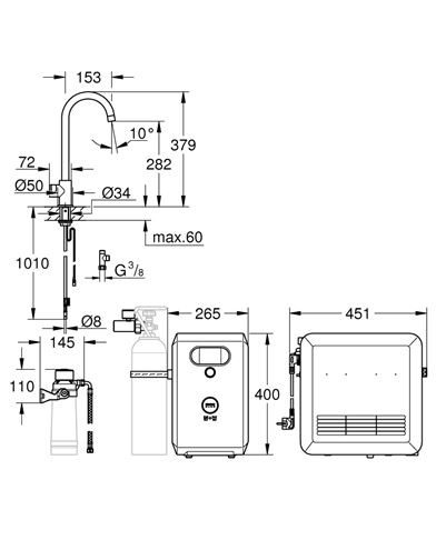 GROHE BLUE PROFESSIONAL dřezové elektronická baterie, s filtračním a chladícím zařízením, Bluetooth, napájení ze sítě, supersteel 31323DC2 Technický nákres