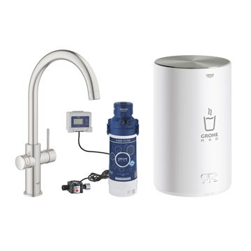 GROHE RED DUO dřezová elektronická baterie, s ohřevem, velikost M, GROHE ChildLock, napájení ze sítě, supersteel