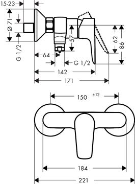 HANSGROHE TALIS E sprchová nástěnná baterie, leštěný vzhled zlata 71760990 Technický nákres