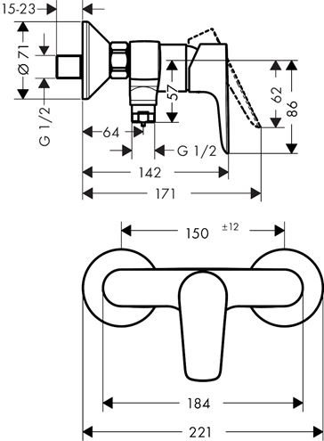 HANSGROHE TALIS E sprchová nástěnná baterie, leštěný vzhled zlata 71760990 Technický nákres
