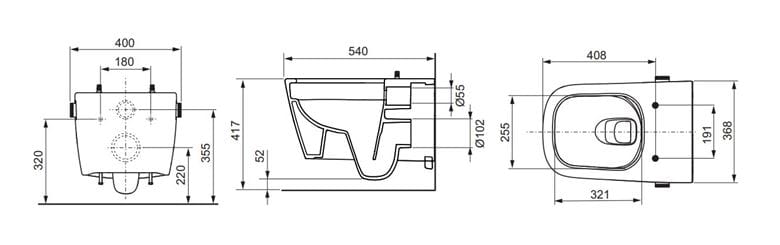 TECE NEO sprchovací WC, Rimless, CeraClean 9700205 Technický nákres
