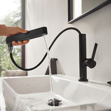 HANSGROHE FINORIS umyvadlová stojánková baterie, s vytahovací sprškou a odtokovou soupravou, EcoSmart, matná černá 76063670 Obrázek - fotka