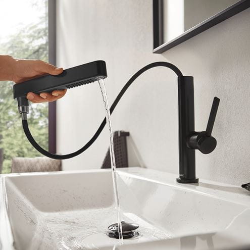 HANSGROHE FINORIS umyvadlová stojánková baterie, s vytahovací sprškou a odtokovou soupravou, EcoSmart, matná černá 76063670 Obrázek - fotka