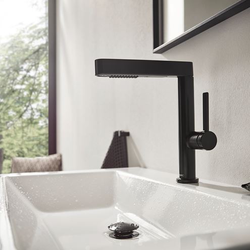 HANSGROHE FINORIS umyvadlová stojánková baterie, s vytahovací sprškou a odtokovou soupravou, EcoSmart, matná černá 76063670 Obrázek - fotka