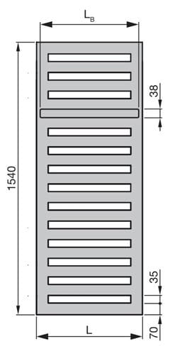 ZEHNDER METROPOLITAN BAR designový radiátor 1500/500, elektrický, s topnou tyčí, bílá RAL9016 MEPE-150-050/GD Technický nákres