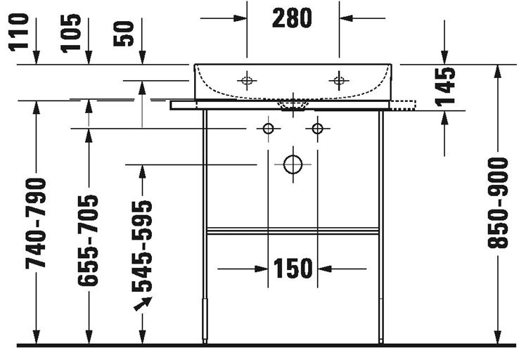 DURAVIT DURASQUARE kovový podstavec pro umyvadlo, matná černá 0031014600 Technický nákres