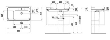 LAUFEN MEDA umyvadlo 80 cm, s otvorem pro baterii a přepadem H8171150001041 Technický nákres