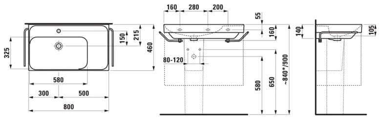 LAUFEN MEDA umyvadlo 80 cm, s otvorem pro baterii a přepadem H8171160001041 Technický nákres