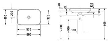 DURAVIT HAPPY D.2 umyvadlo 60x40 cm, bez přepadu 2359600000 Technický nákres