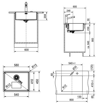 FRANKE BOX BXX 210/110-54 nerezový dřez 580x450 mm 127.0395.015 Technický nákres