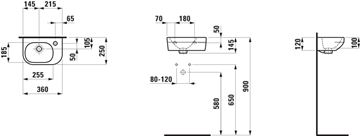 LAUFEN LUA umývátko 50 cm, s otvorem pro baterii vpravo, s přepadem, LCC H8150800001061 Technický nákres