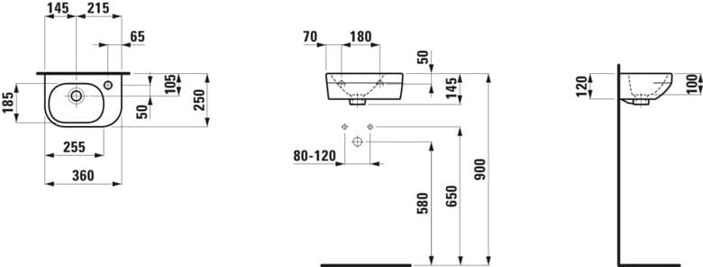 LAUFEN LUA umývátko 50 cm, s otvorem pro baterii vpravo, s přepadem, LCC H8150800001061 Technický nákres