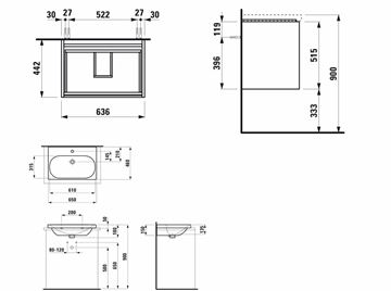 LAUFEN LANI skříňka s umyvadlem 65x46x51,5 cm, 2 zásuvky, matná bílá H6020802601042 Technický nákres