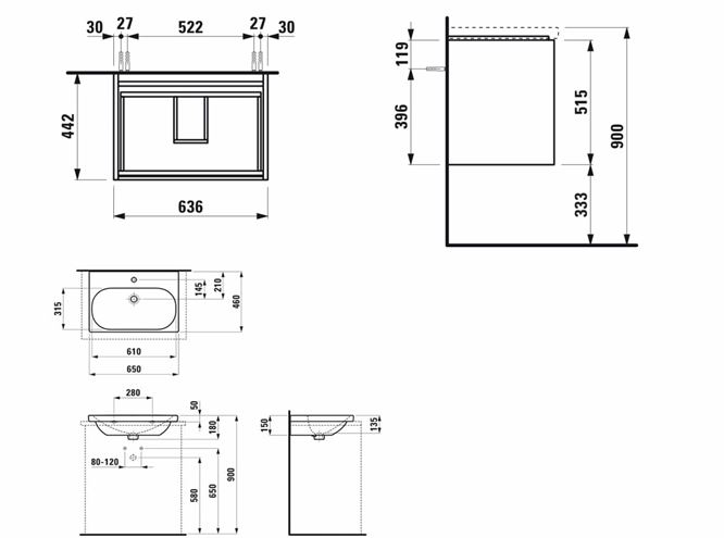 LAUFEN LANI skříňka s umyvadlem 65x46x51,5 cm, 2 zásuvky, matná bílá H6020802601042 Technický nákres