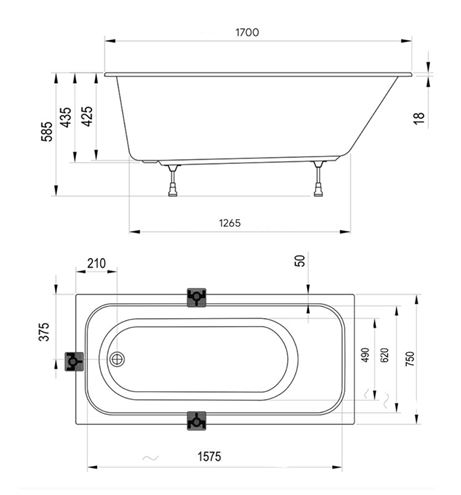 RAVAK CHROME SLIM vana 170x75 cm, bez nožiček, akrylát C741300000 Technický nákres