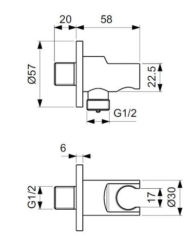 IDEAL STANDARD IDEALRAIN držák ruční sprchy s připojením na vodu, matná černá  BC807XG Technický nákres