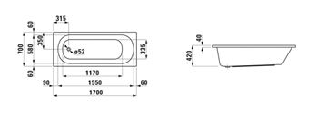 LAUFEN LUA vana 170x70 cm, bez nožiček, akrylát H2310800000001 Technický nákres