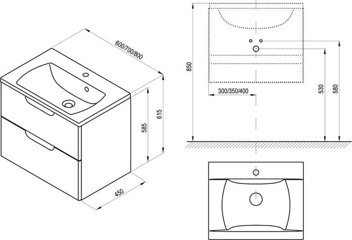 RAVAK SD CLASSIC II skříňka pod umyvadlo 80x45x58,5 cm, 2 zásuvky, lesklá bílá X000001480 Technický nákres